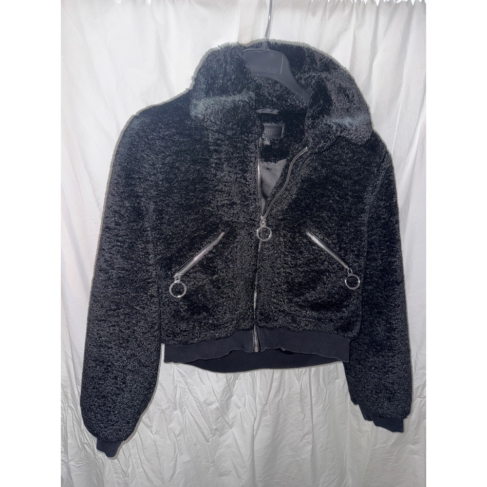 BlankNYC Black Faux Fur Teddy Bomber Jacket O-Ring Zip Large
